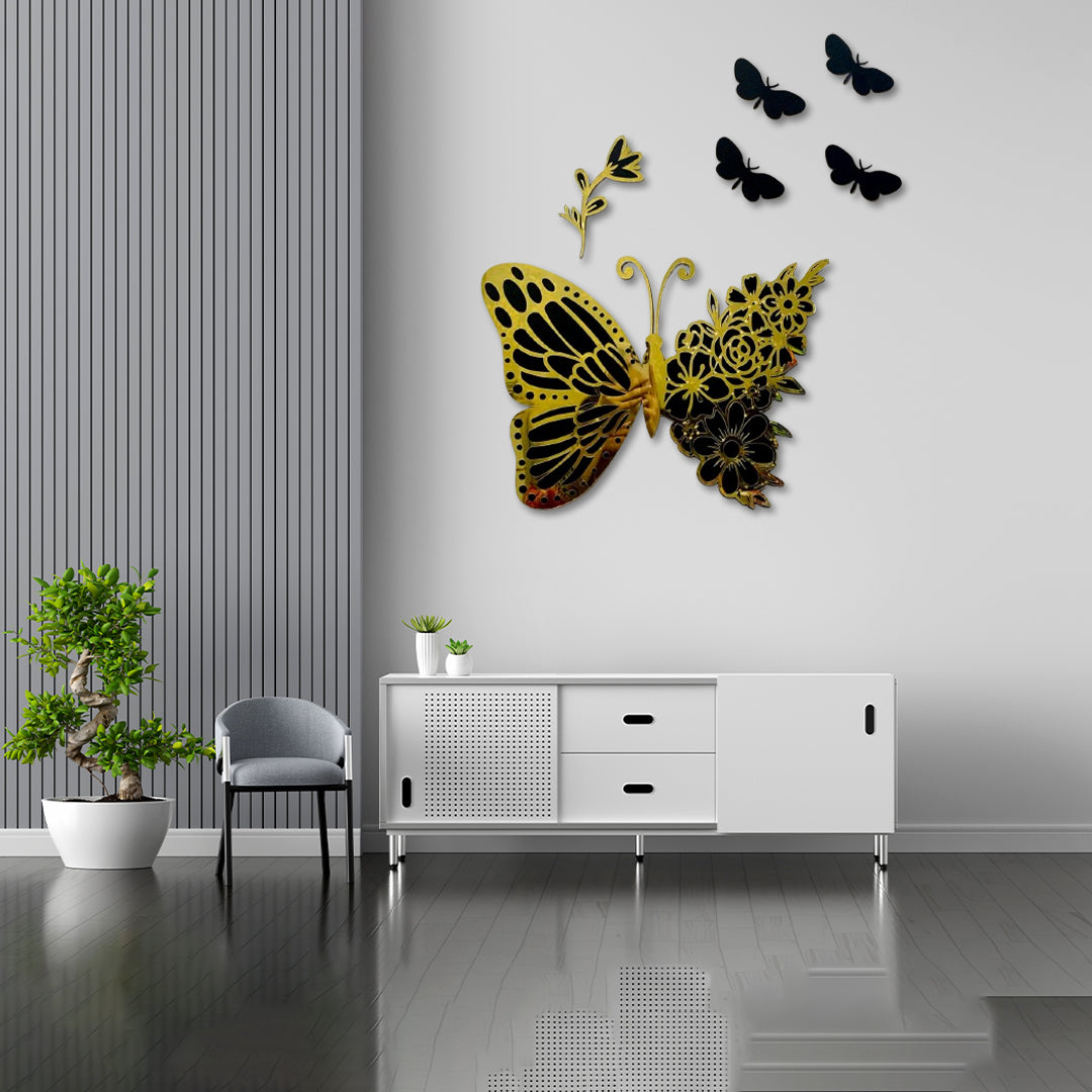 Premium Butterfly Black and Golden with 4 mini butterflies and flower